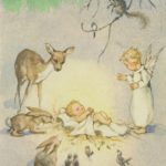 Das Christkind, umgeben von Waldtieren und einem Engel – Taurus Kunstkarten